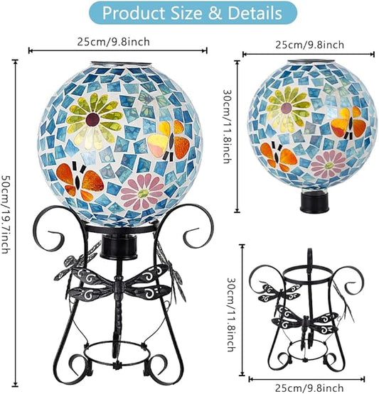 Stargarden Solar Gazing Ball, 10”Glass Gazing Globe, Mosaic Gazing Balls with Metal Ball Stand for Patio, Lawn, Garden Decor