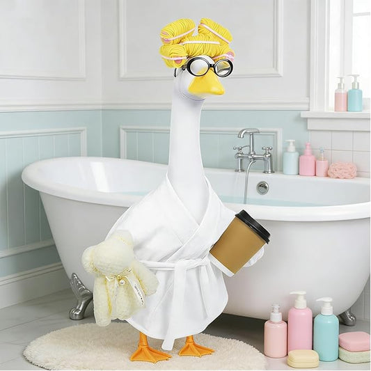 Lady Porch Goose Outfits,Bathrobe Porch Goose Statue Costume with Curlers Reading Glasses Coffee Cup Towel, Cute Goose Clothes for 23-Inch Cement Statue, Lawn Yard Garden Patio Decor(White)