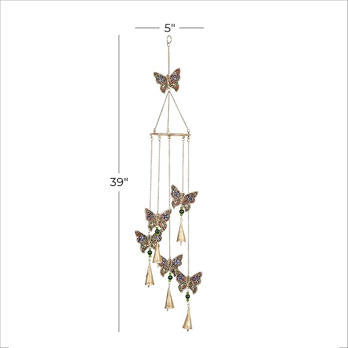 Deco 79 Metal Embellished Butterfly Windchime with Glass Beads and Cone Bells, 5" x 5" x 39", Gold