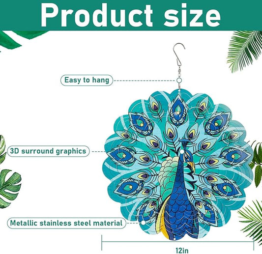 Peacocks 3D Stainless Steel Wind Spinner - Outdoor Wind Catchers, Kinetic Hanging Ornament, 12Inch Wind Spinners for Gardens and Courtyards