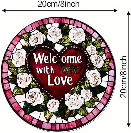 1pcs Heart Sun Catcher for Window Hanging White Flower Stained Glass Window Suncatchers Round Valentine's Romantic Ornaments Room Home Decor for Wife Valentine's Day Gift