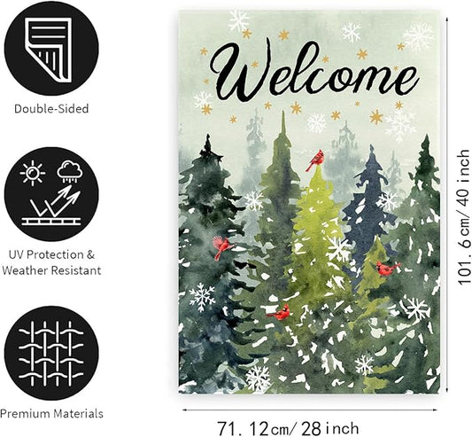 Welcome Winter House Flags Snowy Forest Pine Tree Garden Flag Cardinal Birds Yard Flag Large Christmas Outdoor Flags 28x40 Double Sided for Outside Farmhouse Lawn Decor