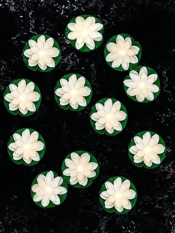 Hortsun 12 Pcs Floating Lotus Lights with Batteries Lily Pads Pool Flowers Floating Candles Decor Artificial Pond Plants Decorations for Pool Pond Outdoor Indoor (White,3.94 Inch)