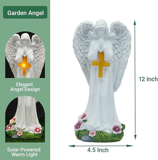 Solar Angels for Outside Garden, Angel Statue with Cross for Yard Lawn Patio Balcony, Chrisstmas, Memorial Gifts for Mom, Grandma, Women, 12 Inch,Resin