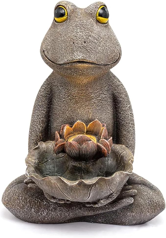 Napco Sitting Frog Lily Pad Flower 18.25 x 14 x 10.5 inches Bronze and Yellow Resin Stone Collectible Figurine Statue Sculpture Water Fountain, Indoor Outdoor Garden Décor
