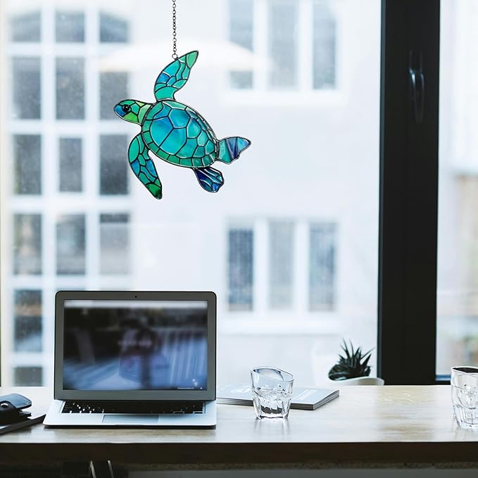 Sea Turtle Stained Glass Window Hanging, Hand-Painted Sun Catcher Glass Panel Wall Art Decor with Chain, Sea Turtle Gifts for Women Mom Grandma, Outdoor Indoor Art Decor for Home Garden