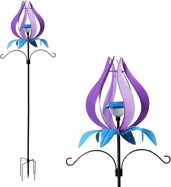 Multi-Functional Yard Wind Spinners with Solar Lights Outdoor Garden,YNGFIL Large Ornaments Outdoor with Double Shepherds Hooks and Coconut Fiber Liner Hanging Planters (83 in)