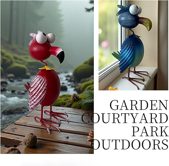 Flamingo Decor Statue Outdoor Garden Yard Metal Sculpture Home Patio Lawn Backyard Art Figurine Decorations Ornaments (A, Blue)