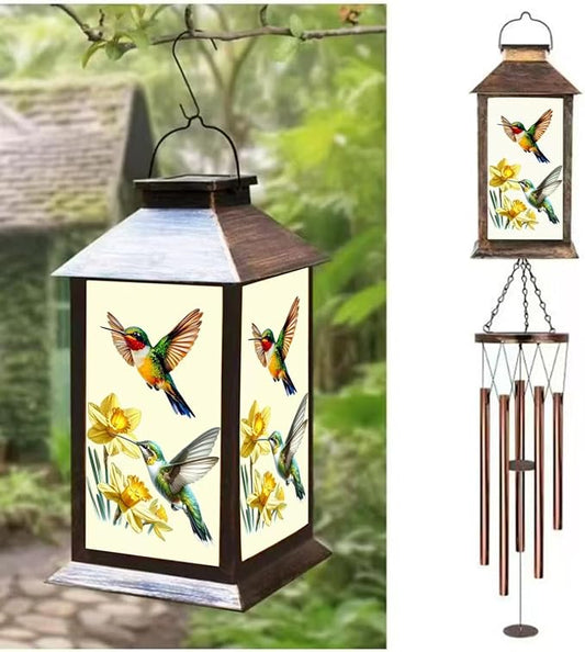 Hummingbird Solar Lighten Wind Chime with Lantern Design - Outdoor Decorative Wind Bells for Garden, Porch, Balcony - Relaxing Nature Sounds- Gifts for mom,Friend,Sister,Grandma