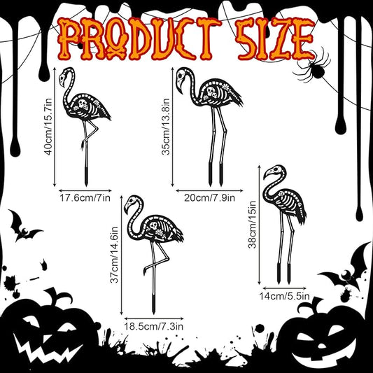 4pcs Halloween Skeleton Flamingo Yard Decorations, Skull Zombie Spooky Flamingo with Metal Stakes for Lawn Graveyard Outdoor & Halloween Outside Garden Ornaments (Black)