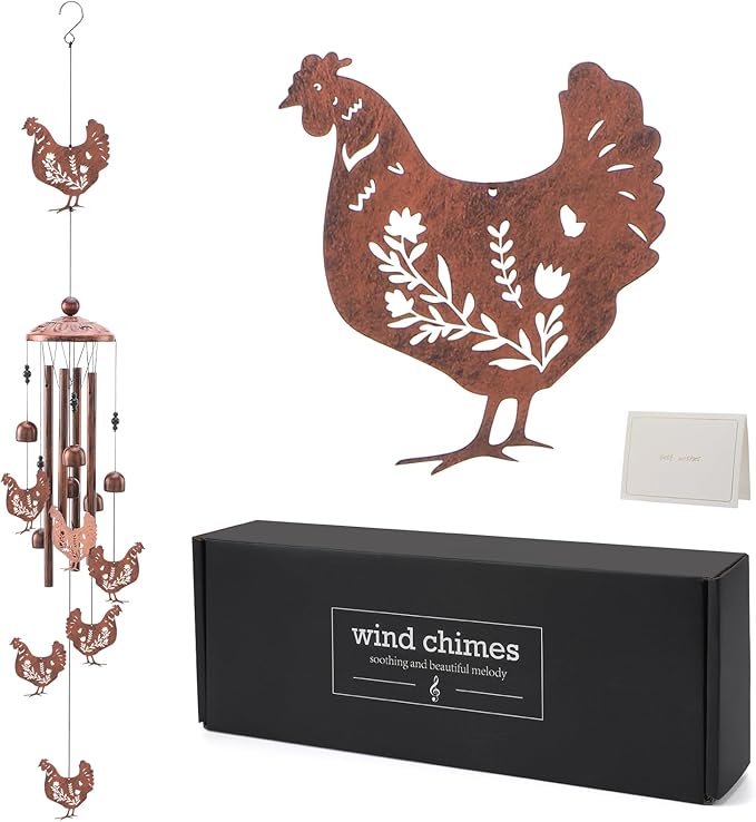Chicken Wind Chimes for Outside - Metal Windchimes Outdoors Chicken Gifts Rooster Garden Decor with Greeting Card for Women Men Mom Grandma Birthday Home Patio Porch Backyard Yard Decoration