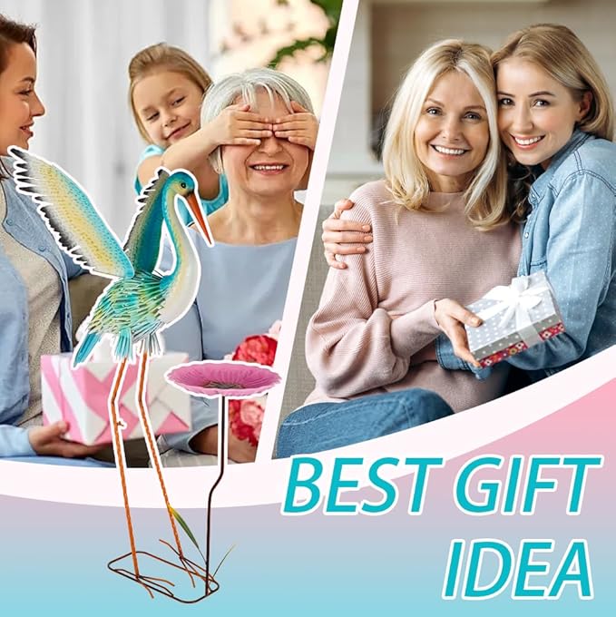 39“ Metal Heron Bird Statue with Pink Birdbath, Garden Statue Decor Yard Art for Lawn, Backyard - Unique Animal Figurine for Birthday, Housewarming, Christmas