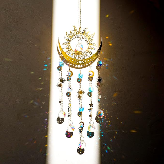 Artilady Sun and Moon Suncatcher - Large Crystal Wind Chimes for Outside Stained Glass Window Hanging Prisms Garden Backyard Ceiling Room Decor Christmas Housewarming Birthday Gift for Girls