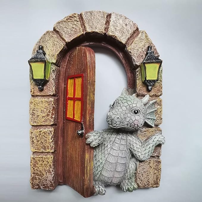 Marsrut Dragon Garden Sculpture, Fairy Outdoor Yard Ornament Decor, Lovely Courtyard Decorative Resin Statue, Open The Door Shape for Window Wall Art Sand Decor Indoor Outdoors Craft