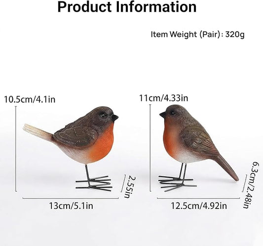2Pcs Realistic Robin Figurines Ornaments Resin Bird Statues with Sturdy Metal Feet Small Animal Sculpture Decoration for Garden Patio, Outdoor Shelf, Miniature Scene & Yard Art, Gift for Nature Lovers