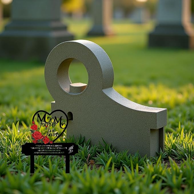 AIM & GGKK Metal Memorial Grave Marker for Mom - Heart Shaped Cemetery Decoration with Roses, Forever in Our Hearts Verse - 12.2" Tall Garden Stake for Gravesite