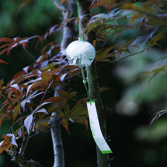 Japanese Wind Chime Glass Outdoor Ornament for Garden, Patio & Balcony, Hanging Wind-Bell Decoration Gift, Blessing Pendant Windchimes & PVC Wind-Catcher, White Flower