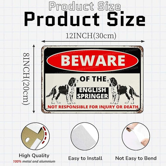 Beware Of The Dog English Springer Sign Aluminum Metal Tin Signs Outdoor Yard Sign Warning Sign For Fence Yard Home Kitchen Farm Garden Wall Decor 8x12 Inch