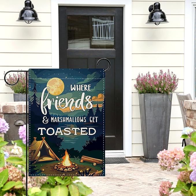Dyrenson Camping Friends Decorative Garden Flag, Camper Tent Forest Night Lake House Adventure Yard Outside Home Decoration, Campsite Campfire Outdoor Small Decor Double Sided 12 x 18