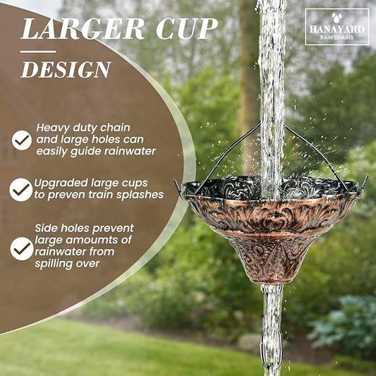 Rain Chain Gutter Downspout Antique Copper Rain Chains for Gutters with 12 Cups, Adjustable Rain Catcher Chain with Bell for Outside Water Diverter Decorative Garden Rain Chimes, 8.5 Ft