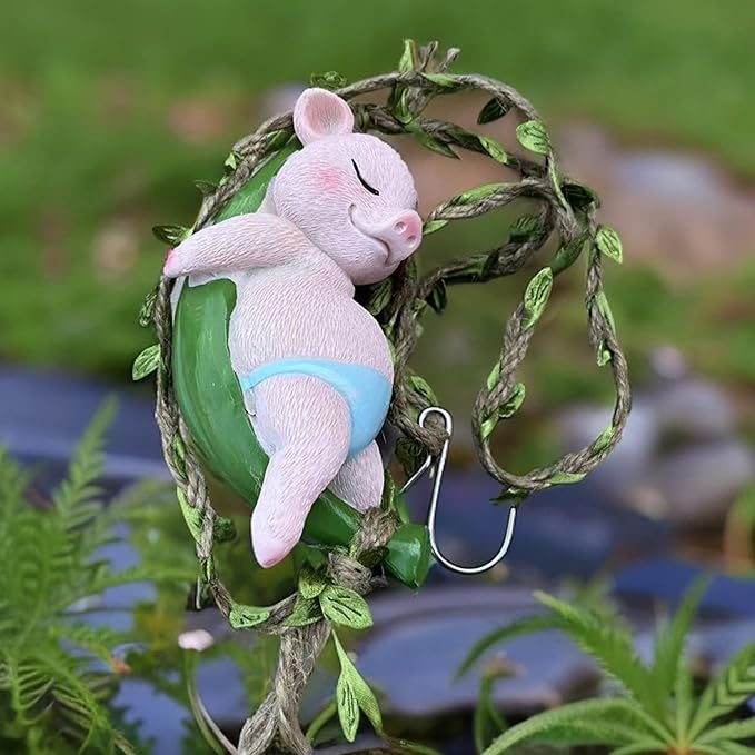 Swing Pig Figurine Statues for Garden Decor, Hanging Hammock Sleeping Pig Tree Hanger for Yard Garden Indoor Outdoor Home Decoration