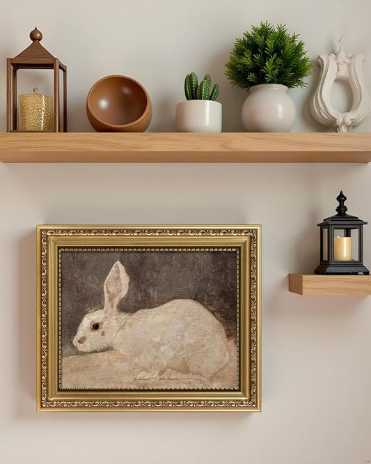 ARPEOTCY Vintage Gold Framed Wall Art, Easter White Rabbit Painting, 8x10 inch Small Canvas Picture Prints Artwork with Frame Aesthetic, Victorian Wall Decor for Living Room Bathroom Bedroom Shelf