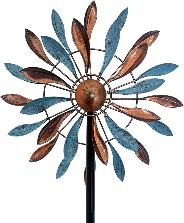 Wind Spinners Outdoor Metal, 360° Kinetic Wind Spinner with Stake, Metal Garden Yard Patio Lawn Windmill Decor (12.6" Dia, 56.7" H, Copper & Teal Petal)