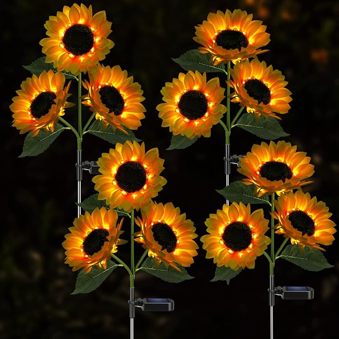 Meagoo Solar Sunflower Lights, 800mA Solar Garden Light with Real Looking Flowers Outdoor Waterproof Solar Stake Lights for Back Yard, Flower Bed, Pathway, Patio, Porch, Fall Decoration (6 Pack)