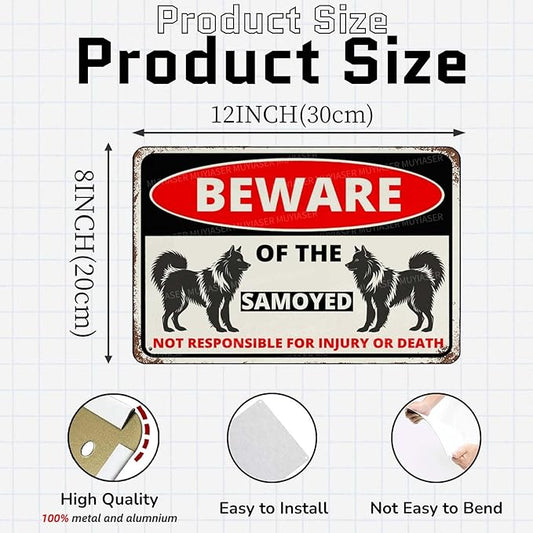 Beware Of The Dog Samoyed Sign Aluminum Metal Tin Signs Outdoor Yard Sign Warning Sign For Fence Yard Home Kitchen Farm Garden Wall Decor 8x12 Inch