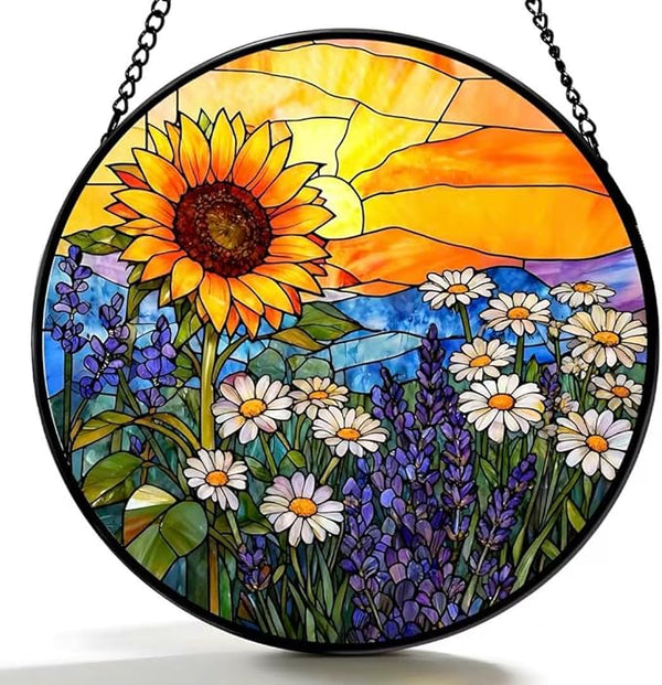 Stained Glass Window Hanging - Sunflowers, Daisies, Lavender and Sunset 7.8 Inches Suncatcher for Garden Home Decor for Women Mon Grandma Friends