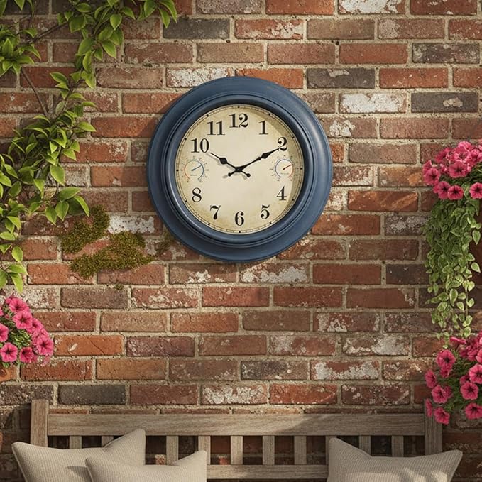 18 Inch Large Outdoor Wall Clock with Thermometer & Hygrometer, Waterproof Retro Blue Garden Clock for Patio, Pool, Backyard, Farmhouse Decor, Silent Non-Ticking