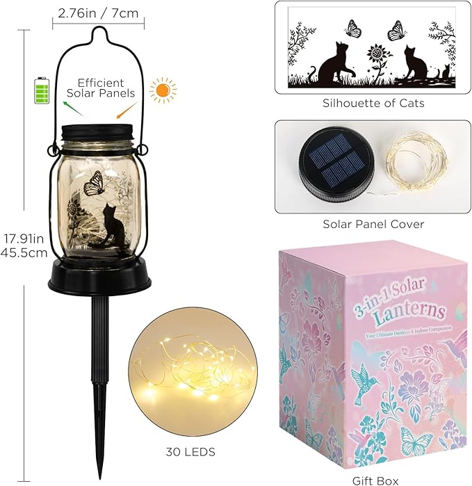 Cat Lover Gifts for Mom/Grandma/Women/Sister Cat Butterfly Solar Light Gifts Mother Day Gift Solar Lanterns Outdoor Waterproof Fairy Lights Led Mason Jar Hanging Cat Lamps Decor for Garden Yard Torche