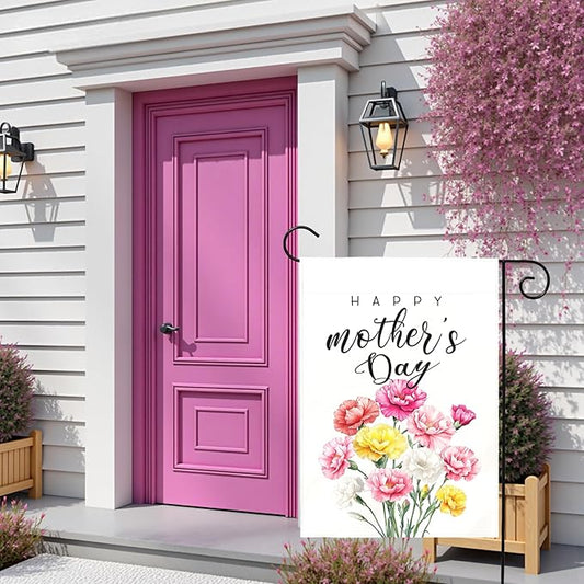 Happy Mother’s Day Garden Flag Floral Carnation Yard Flag for Mom Elegant Spring Flower Outdoor Decor Mothers Day Gift Garden Lawn Porch Patio Double Sided Welcome Flags 12x18 Inch