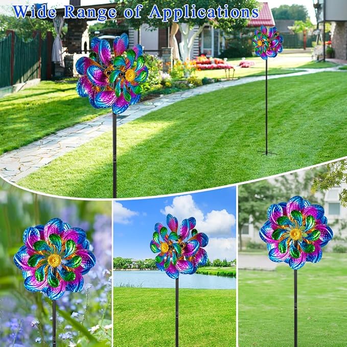 Metal Wind Spinners Outdoor,13'' Dia Purple Garden Wind Spinner & Sculpture,Waterproof Garden Windmill for Yard Art Decorations