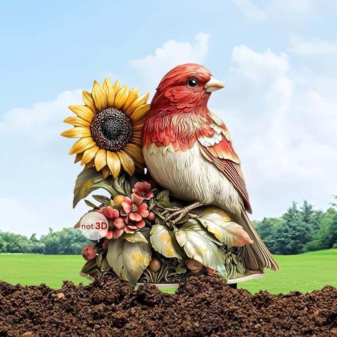 Garden Stake Decor, Acrylic 2D Flat Cute Animal Statue, Fairy Sculptures Ornament Indoor Outdoor Yard Lawn Pot Plant Decorative Accessories (Sunflower&Bird)