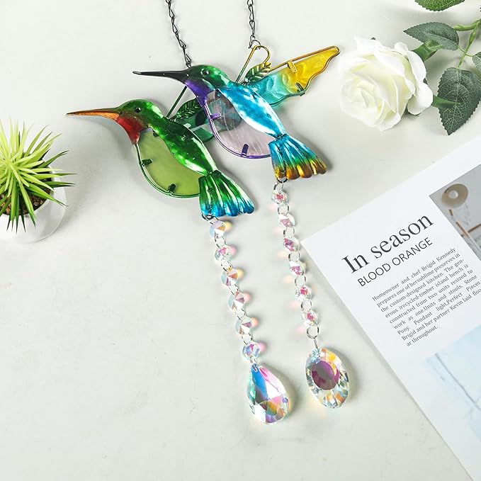 Hummingbird with Crystal Sun Catcher,Stained Glass Bird Suncatchers for Windows Hanging,Crystal Suncatcher Prism Hanging Ornament for Home Garden Party Decoration(Blue)