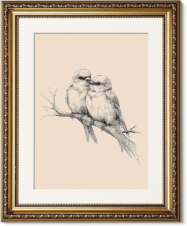 ARPEOTCY Vintage Gold Framed Wall Art, Sketch Birds in Love on a Branch Paintings, Canvas Prints Artwork with Antique Frame, Wall Picture Decor for Bedroom Gallery Living Room, 13x16 inch