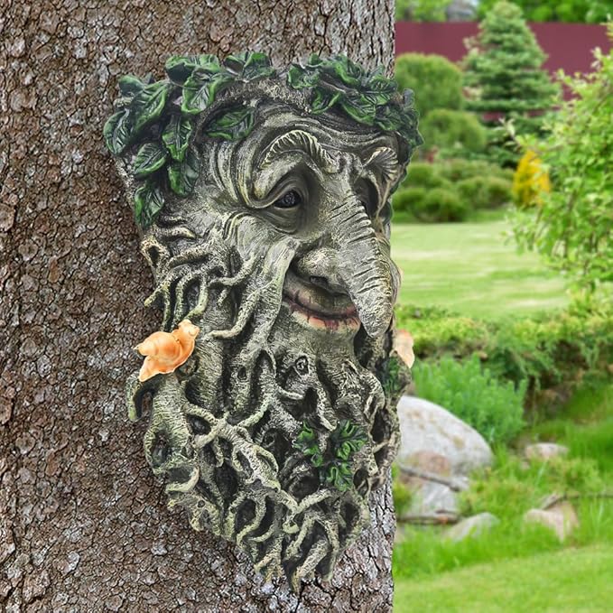 Tree Face Garden Statues Outdoor Decorations, Whimsical Old Man Face for Tree Huggers Sculptures Flower Pot Garden Decorations Yard Art, 9" x 6.5" x 3.5"
