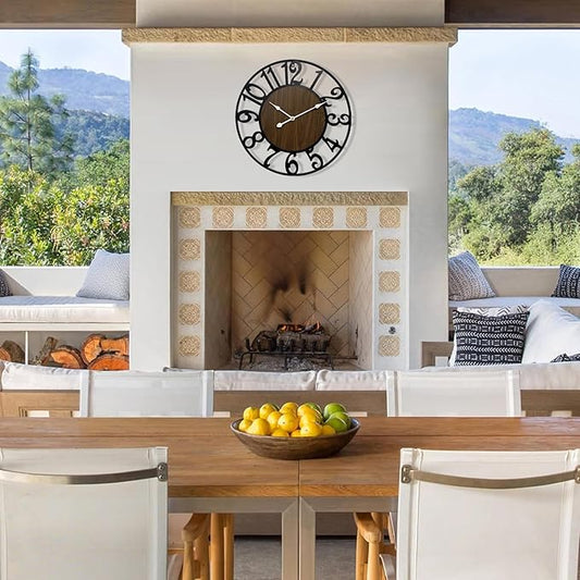 Large Outdoor Clock for Patio - 24 Inch Silent Non-Ticking Outdoor Wall Clock for Garden, Porch, Pool Area - Vintage Farmhouse Wooden & Black Metal Decorative Clock for Living Room, Kitchen