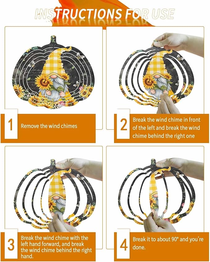 Gnomes Black Wind Spinners Outdoor Inoor,Decorative Hanging Pumpkin Ornaments for Yard Patio Garden,Yellow Sunflower Floral Bee Summer Spring Stainless Steel Metal Wind Sculpture Suspension Trim,10"