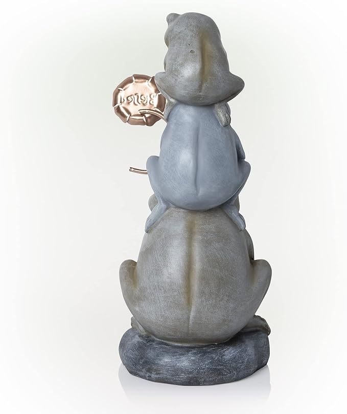 Alpine Corporation 18" Tall Outdoor Stacked Frogs Statue Holding Blessed Flower, Weatherproof Garden Decor, Gray