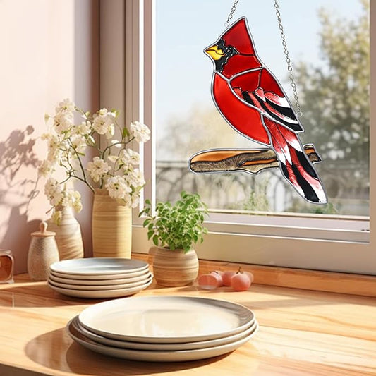 Red Cardinal Decor Stained Glass Bird Window Hanging Suncatcher for Window Decorations Ornament Farmhouse Cardinal Memorial Gifts on Branch for Bird Lovers Mom, Grandma