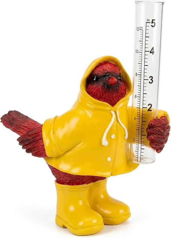 The Bridge Collection Cardinal in Raincoat Rain Gauge Statue - Cute Red Bird Spring Garden Decor
