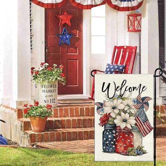 1Pcs 4th of July Garden Flag, Summer Small Yard Flags for Outside, Independence Day Garden Flags 12x18 Vertical Double Sided, Patriotic Mason Jar Flowers Garden Flags for 4th of July Outside Decoration