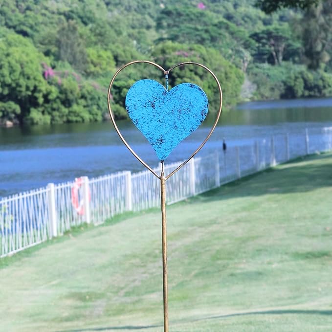 Metal Garden Decor for Outside๏ผRotating Heart-Shaped Garden Stake, Cemetery Decorations for Grave,Perfect for Planter Decorations, Outdoor Lawn Gardens, Also The Best Choice for Gifts - Blue
