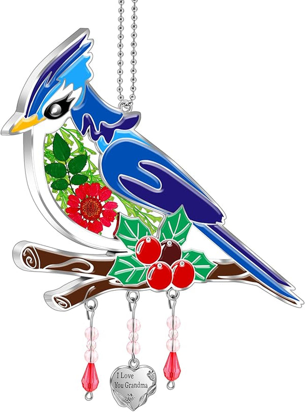 KY&BOSAM Blue Bird Suncatcher I Love You Grandma Glass Sun Catchers for Window Hanging Wind Chime Ornament with Real Flower and Metal Charm Birthday Gifts for Women Mother`s Day Valentine’s Christmas