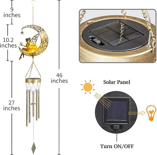 YAKii Fairy Moon Solar Wind Chimes for Outside Lights Gifts for Mom Wife Unique Crackle Glass LED Warm Light Outdoor Hanging Decor Windchimes for Garden Yard Patio Christmas Birthday Mothers Day