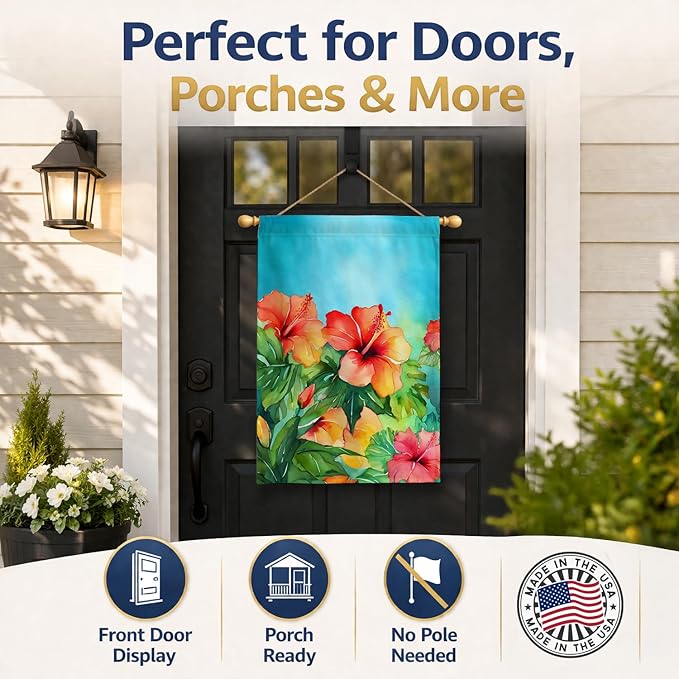 Caroline's Treasures Hawaii Hawaiian Hibiscus in Watercolor House Flag Large Porch Sleeve Pole Decorative Outside Yard Banner Artwork Wall Hanging, Polyester, House Size, Multicolor