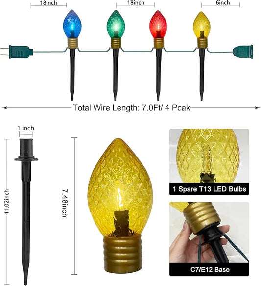 Jumbo C9 Christmas Pathway Lights Outdoor,7FT Jumbo Christmas Lights with Pathway Marker Stakes and 4 LED Diamond Pattern Multicolor Bulb for Holiday Outside Yard Garden Decor,4 Lights
