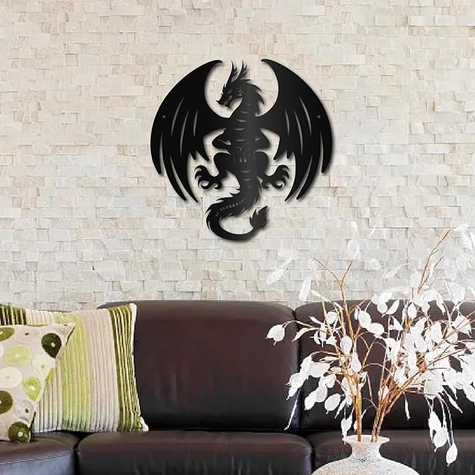 CREATCABIN Dragon Metal Wall Art Black Metal Wall Sculptures Iron Fly Dragon Western Fairytale Animal Wall Artwork Sign Ornament Decor for Living Room Office Garden Balcony Decoration 11.8 x 11.8 Inch